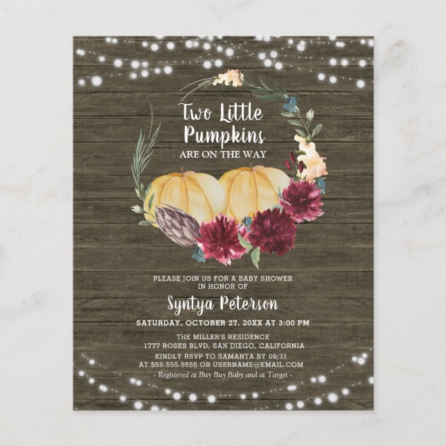Budget Autumn Two Little Pumpkins Baby Shower  (Front)