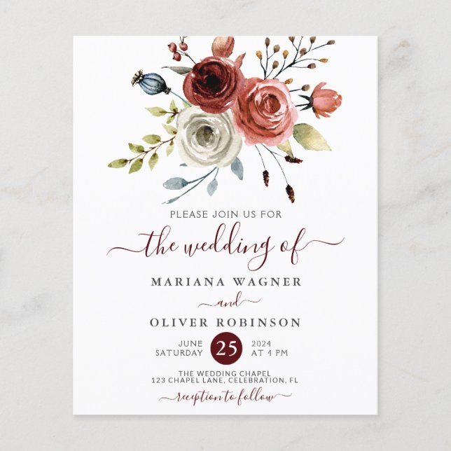 Budget Autumn Watercolor Floral Wedding Invitation (Front)