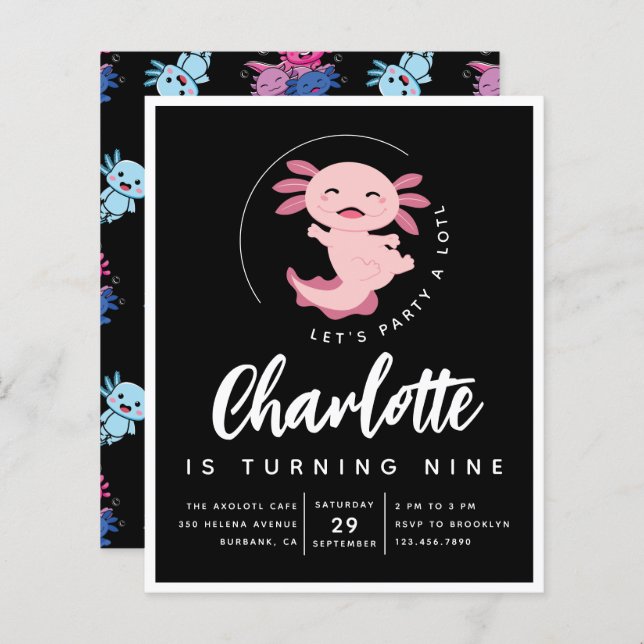 Budget Axolotl Birthday Party Invitation (Front/Back)