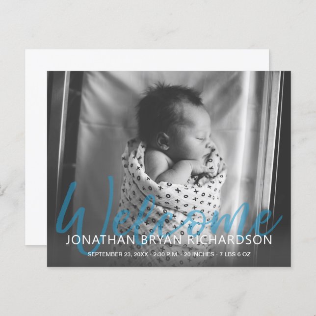 Budget B&W Blue Welcome Photo Baby Announcement (Front/Back)