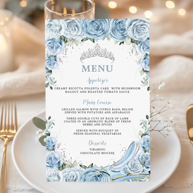 Budget Baby Blue Floral Sweet 16 Quinceañera Menu (Creator Uploaded)