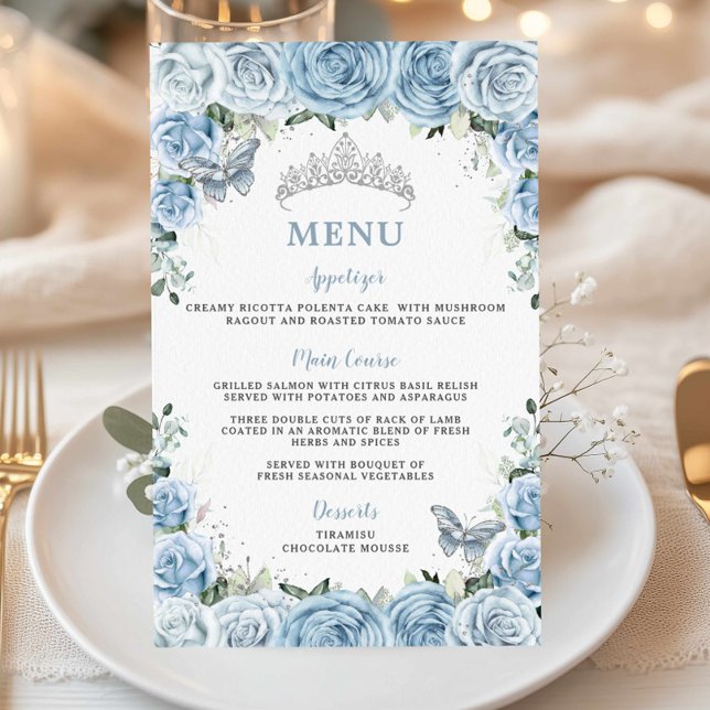 Budget Baby Blue Floral Sweet 16 Quinceañera Menu (Creator Uploaded)