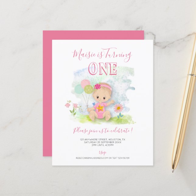 Budget Baby Girl 1st Birthday Party Invitation (Front/Back In Situ)