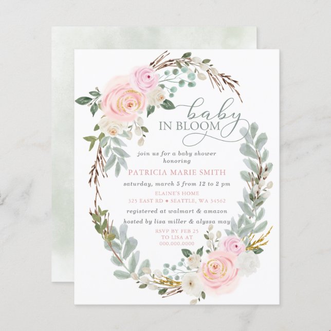 Budget Baby in Bloom Pink Floral Girl Baby Shower (Front/Back)