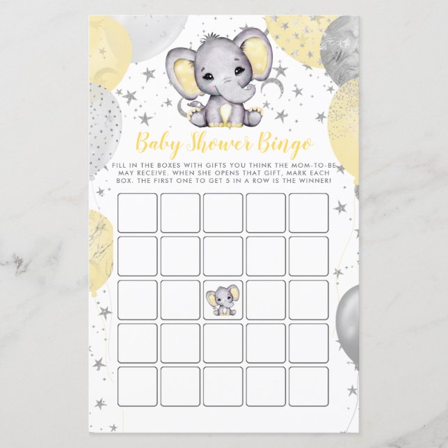 Budget Baby Shower Bingo Yellow Elephant Game (Front)