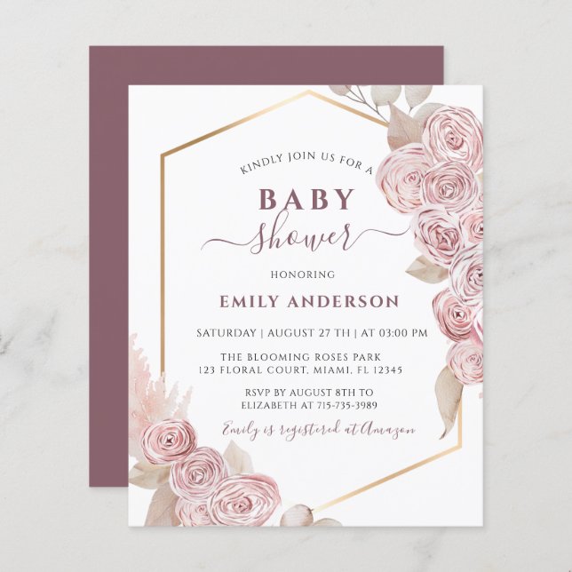 Budget Baby Shower Blush Pink Floral and Golden  (Front/Back)