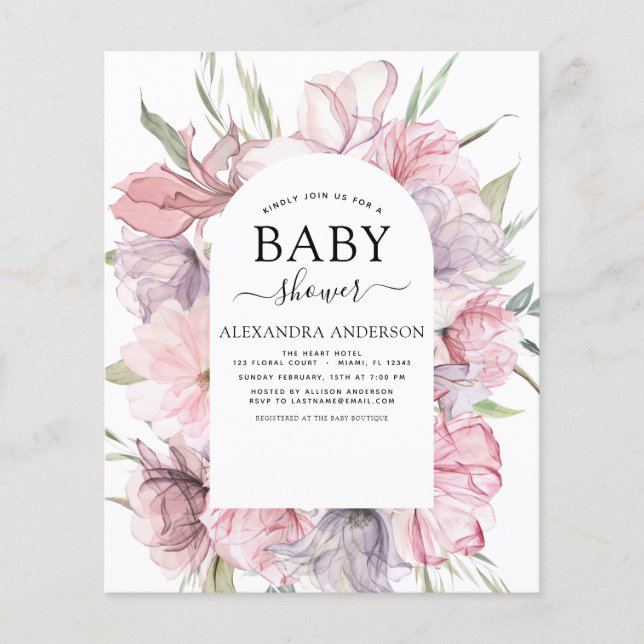 Budget Baby Shower Boho Dusty Pink Purple Flyer (Front)
