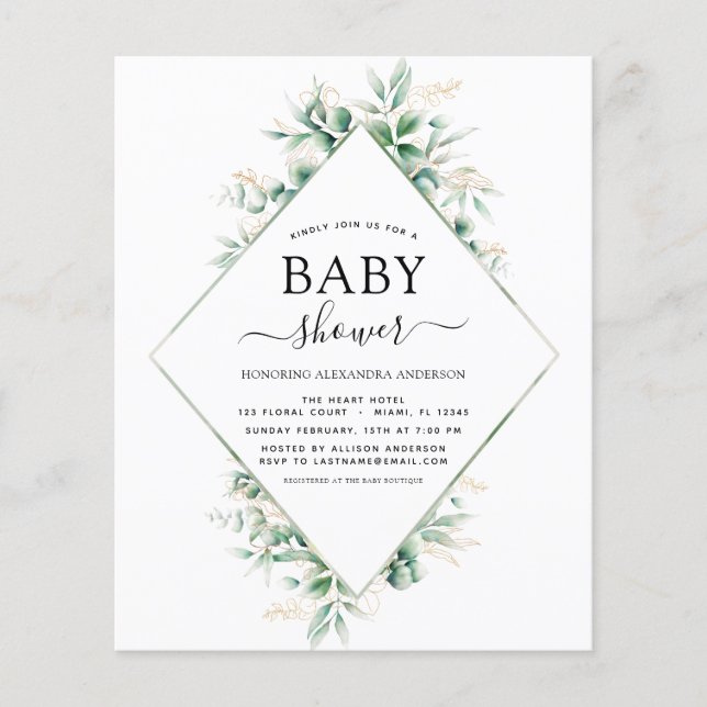 Budget Baby Shower Eucalyptus Botanical Geometric Flyer (Front)