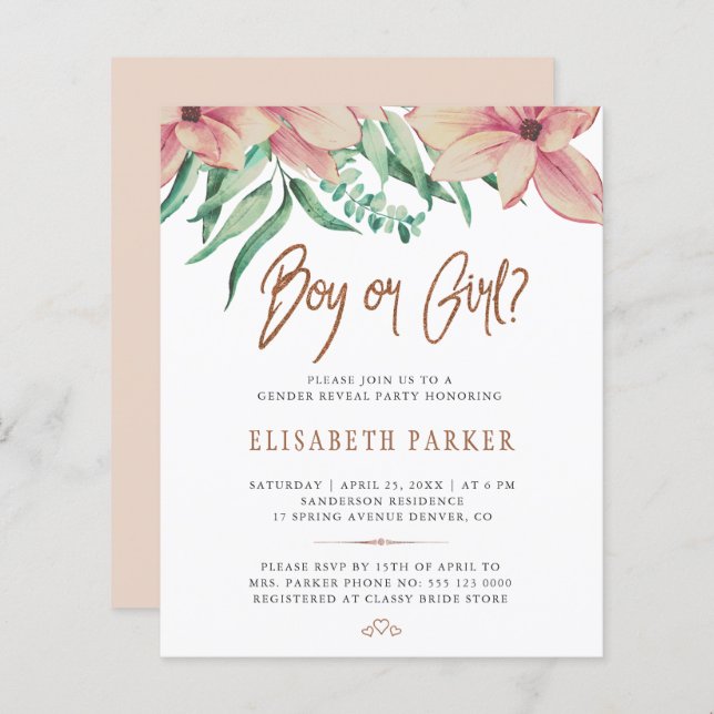 Budget baby shower gender reveal party invitation (Front/Back)