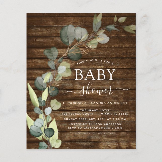 Budget Baby Shower Greenery Eucalyptus Rustic Flyer (Front)