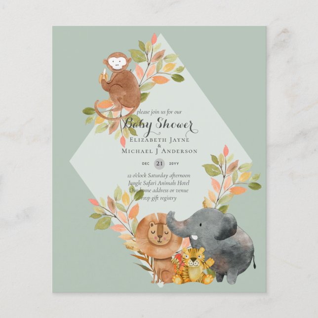 BUDGET Baby SHOWER Invitations - JUNGLE ANIMALS Flyer (Front)