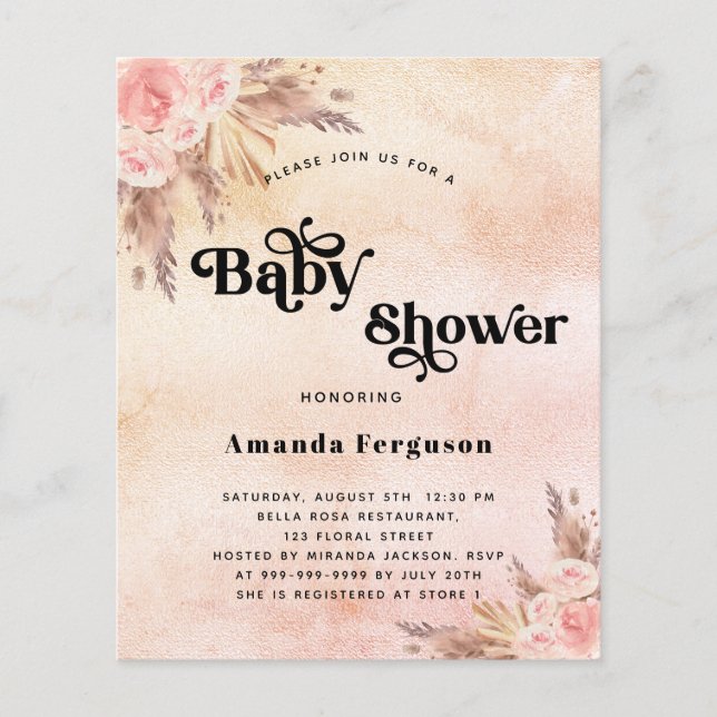 Budget Baby shower pampas blush pink invitation (Front)