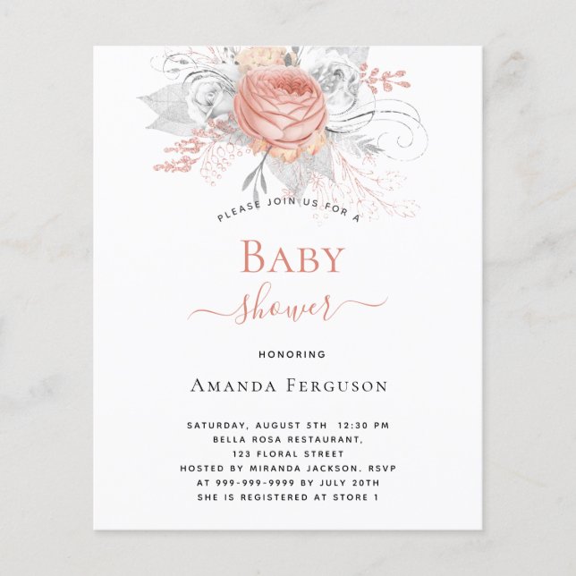 Budget Baby Shower rose gold florals silver white (Front)