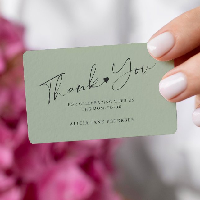 Budget baby shower script sage green thank you card (You can choose the ROUNDED CORNERS option)