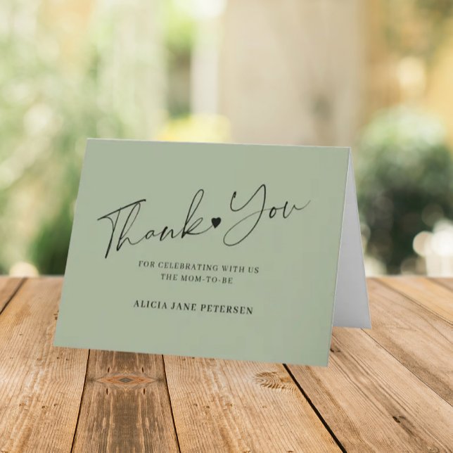 Budget baby shower script sage green thank you not note card (Creator Uploaded)