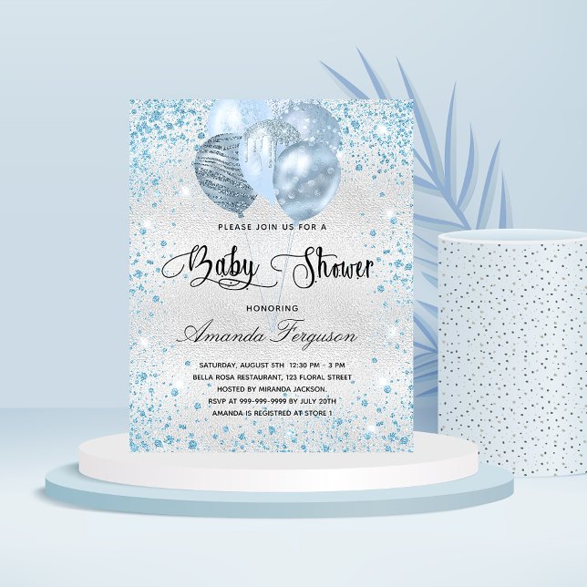 Budget baby shower silver blue glitter invitation (Creator Uploaded)