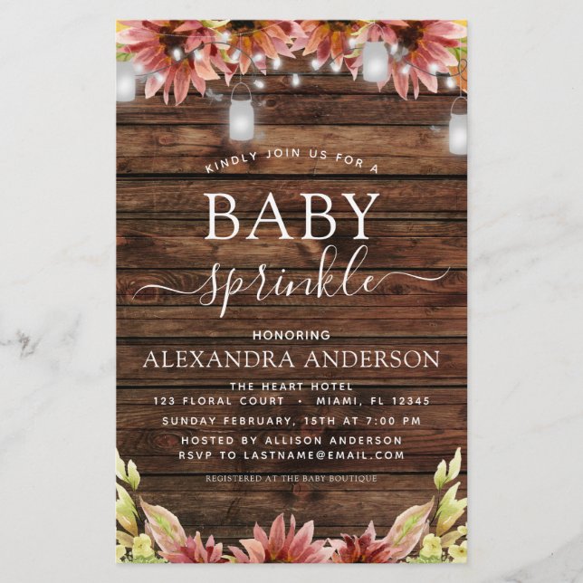 Budget Baby Sprinkle Shower Rustic Wood Sunflowers (Front)