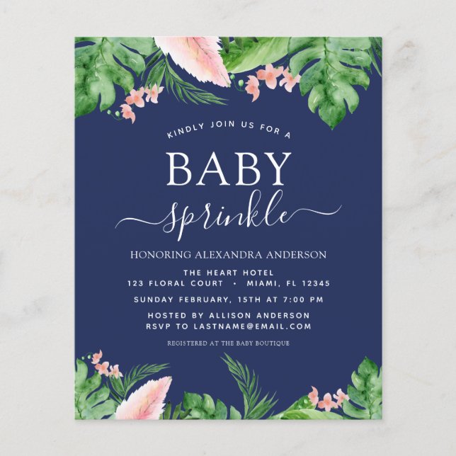 Budget Baby Sprinkle Shower Tropical Navy Blue Flyer (Front)