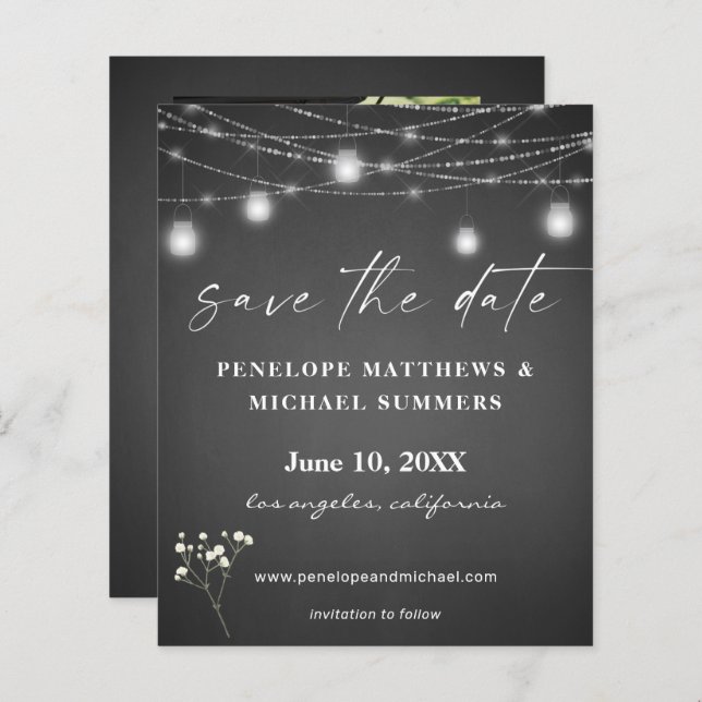 Budget Baby's Breath G Chalkboard Photo Save Date (Front/Back)
