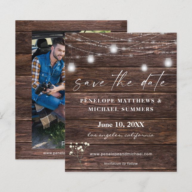 Budget Baby's Breath Rustic Photo Save the Date (Front/Back)