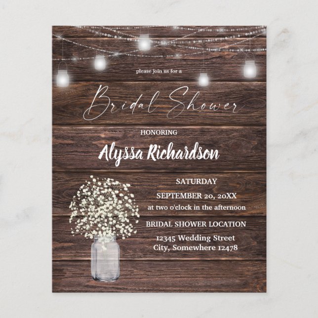 Budget Baby's Breath & String Light  Bridal Shower Flyer (Front)
