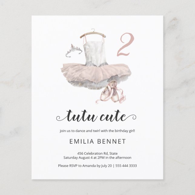 Budget Ballerina Tutu Cute 2nd Birthday Invitation Flyer (Front)