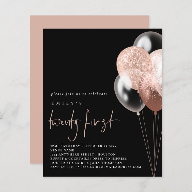 Budget Balloons Script Rose Gold 21st Black Invite (Front/Back)