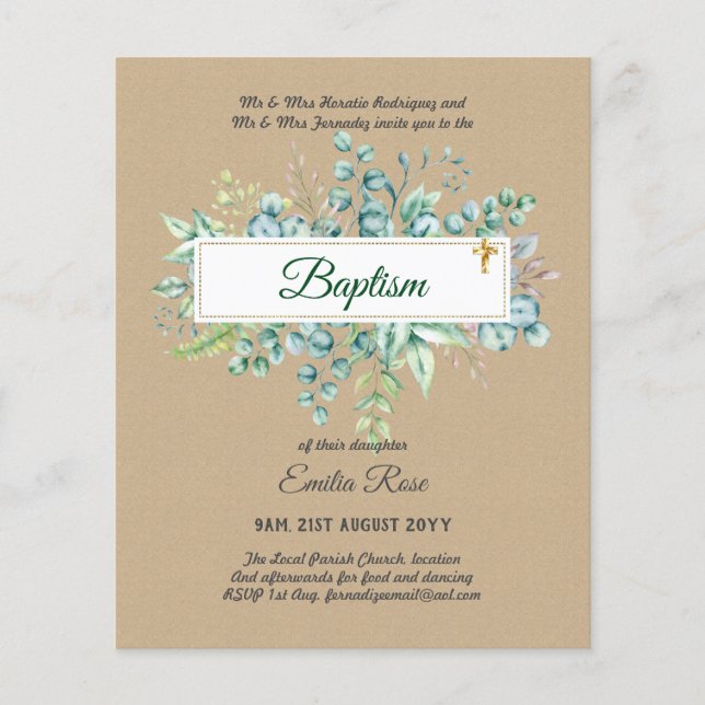 BUDGET Baptism Bautizo Bautismo GREENERY Invites Flyer (Front)