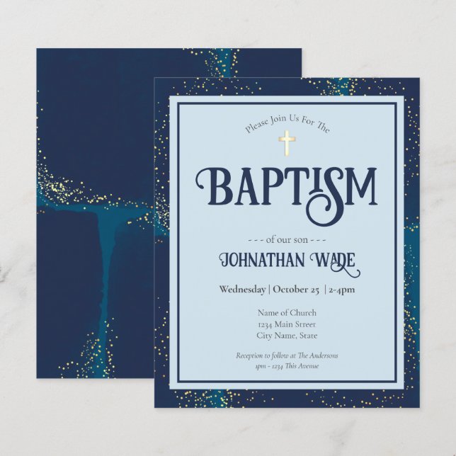 Budget Baptism Blue and Gold Cross Invitations (Front/Back)