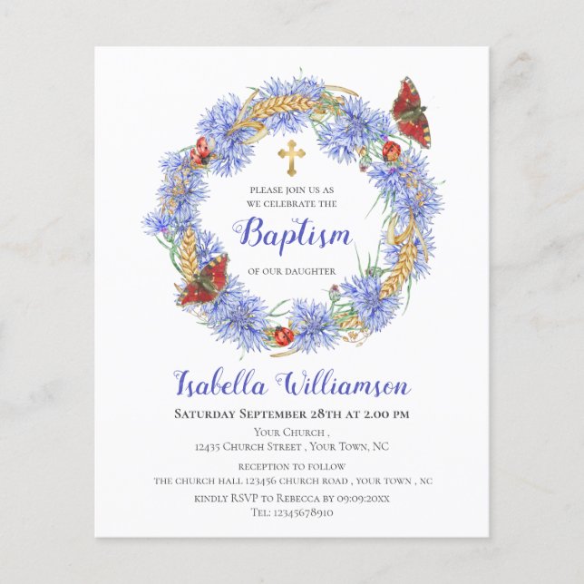 Budget Baptism Blue Wildflower & Butterfly Invite  (Front)