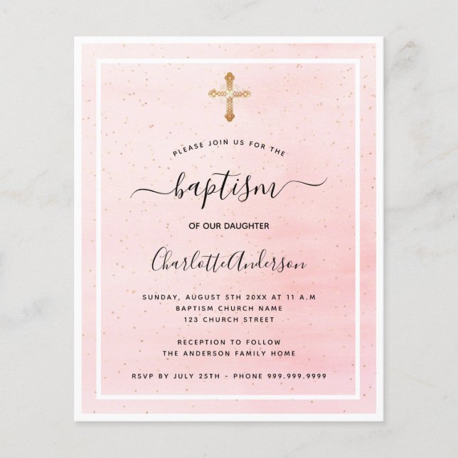 Budget baptism blush pink gold girl invitation (Front)