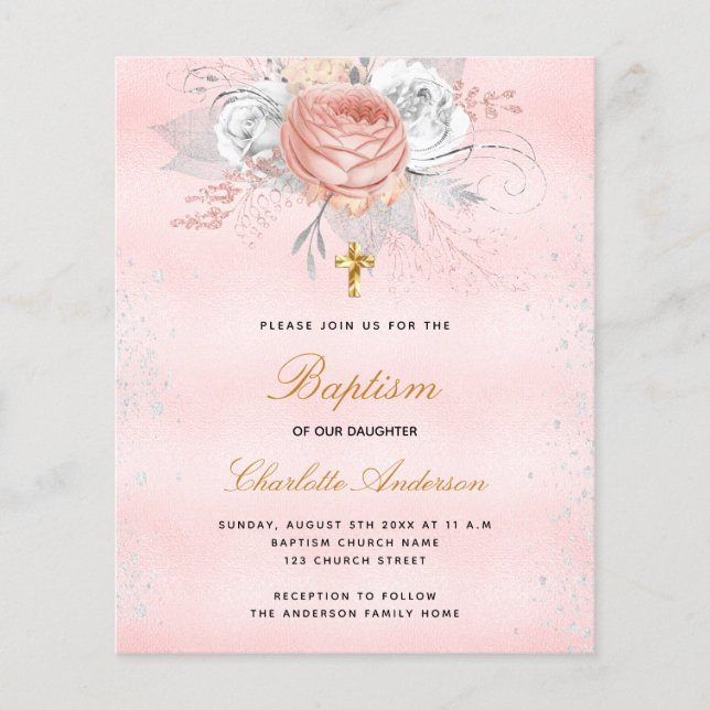Budget Baptism blush pink rose gold floral silver (Front)