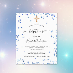 Budget baptism boy blue hearts invitation