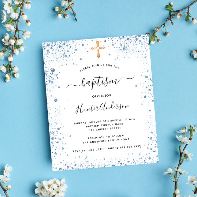Budget baptism boy blue white invitation (Creator Uploaded)