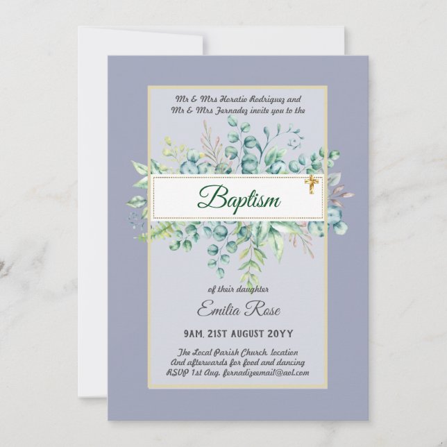Budget BAPTISM Christening Greenery Leaves Invites (Front)