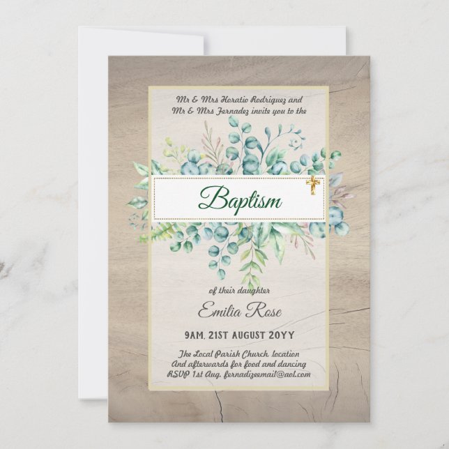 Budget BAPTISM Christening Greenery Leaves Invites (Front)