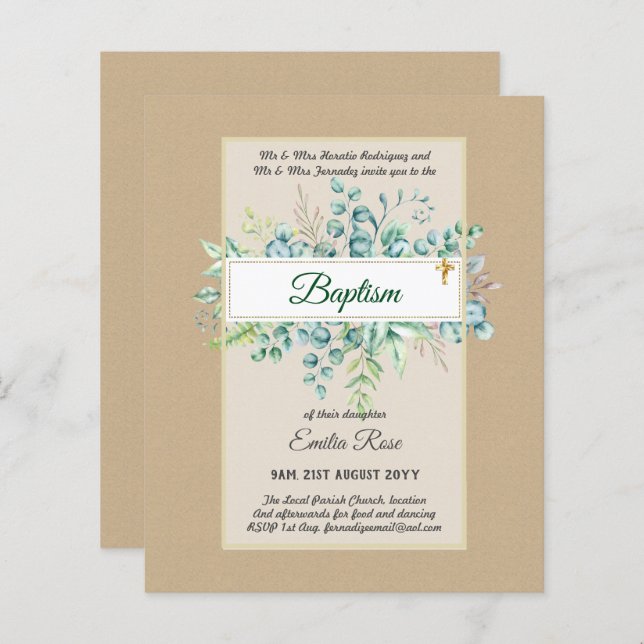 Budget BAPTISM Christening Greenery Leaves Invites (Front/Back)