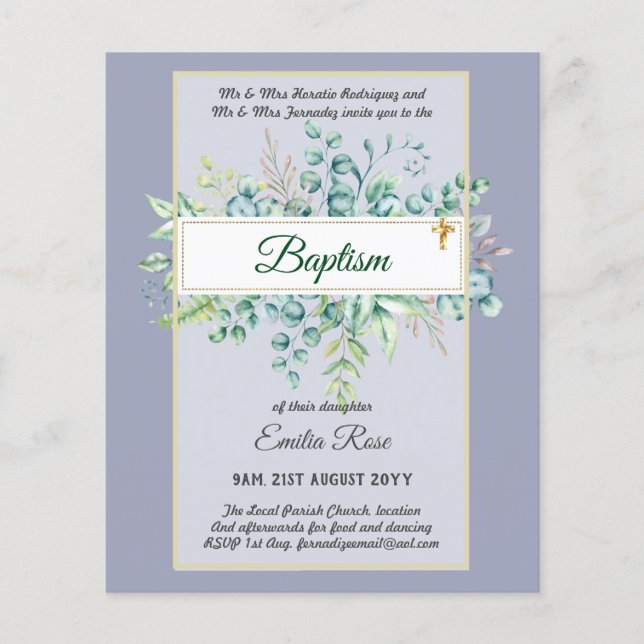 Budget BAPTISM Christening Greenery Leaves Invites Flyer (Front)