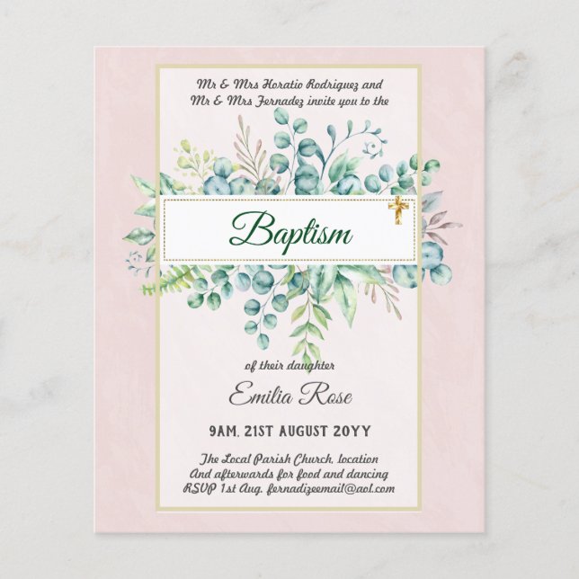 Budget BAPTISM Christening Greenery Leaves Invites Flyer (Front)