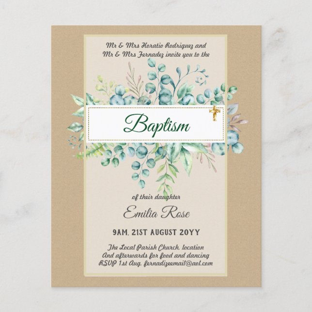 Budget BAPTISM Christening Greenery Leaves Invites Flyer (Front)