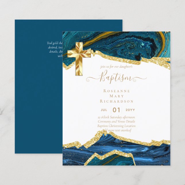 BUDGET BAPTISM CHRISTENING Invitation AGATE GOLD (Front/Back)