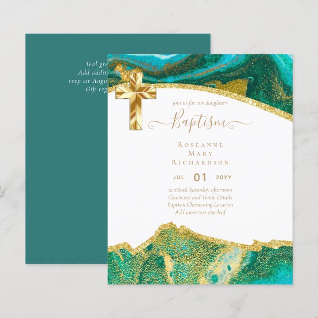 BUDGET BAPTISM CHRISTENING Invitation AGATE GOLD (Front/Back)