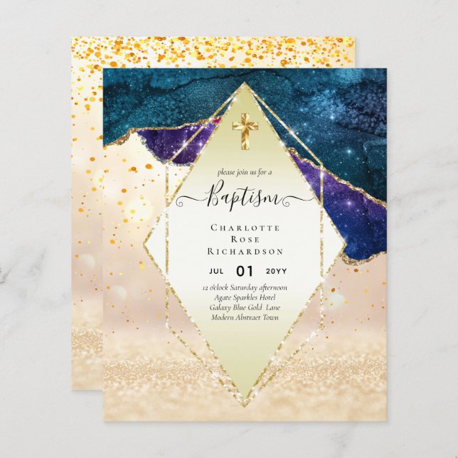 BUDGET BAPTISM CHRISTENING Invitation AGATE GOLD (Front/Back)