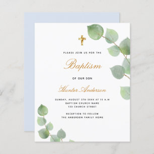 Budget baptism eucalyptus gold blue boy invitation