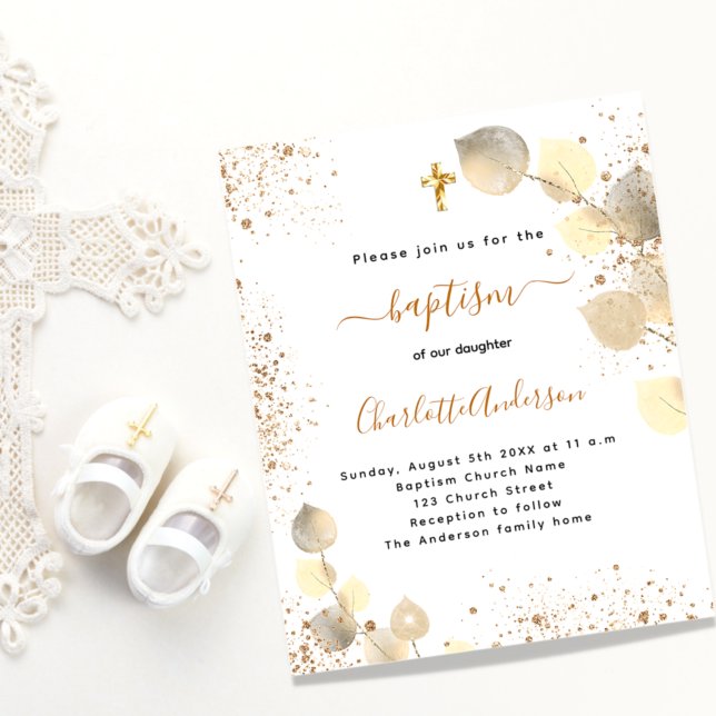 Budget baptism eucalyptus gold glitter invitation (Creator Uploaded)