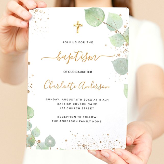 Budget baptism eucalyptus gold glitter invitation (Creator Uploaded)