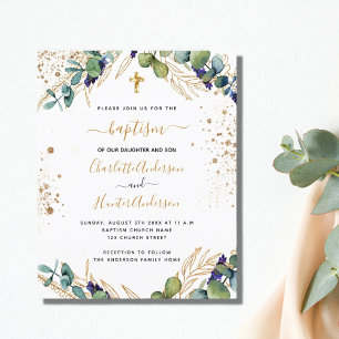 Budget baptism eucalyptus gold twins invitation