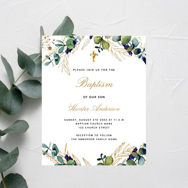 Budget baptism eucalyptus greenery blue invitation (Creator Uploaded)