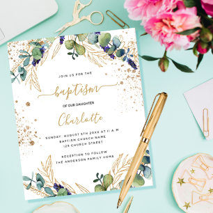 Budget baptism eucalyptus greenery gold invitation