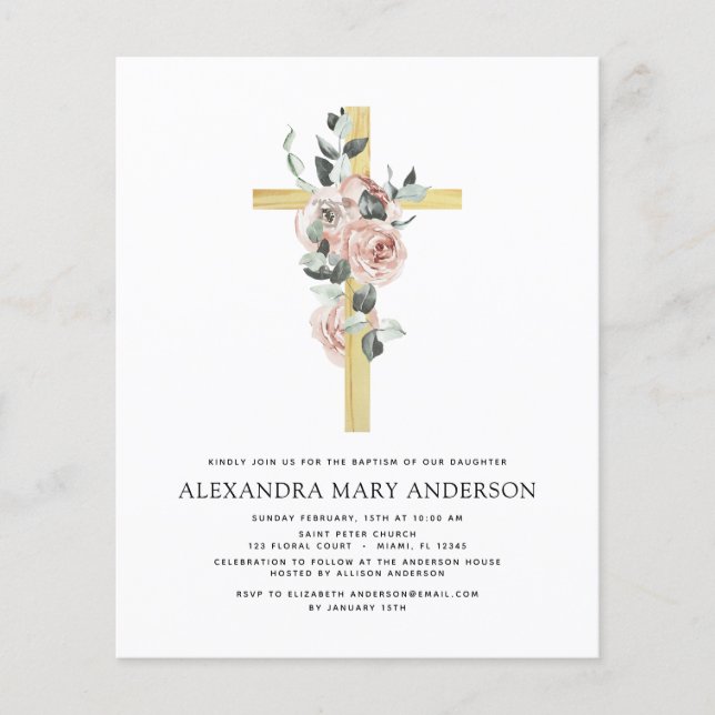 Budget Baptism Greenery Dusty Pink Rose Flyer (Front)